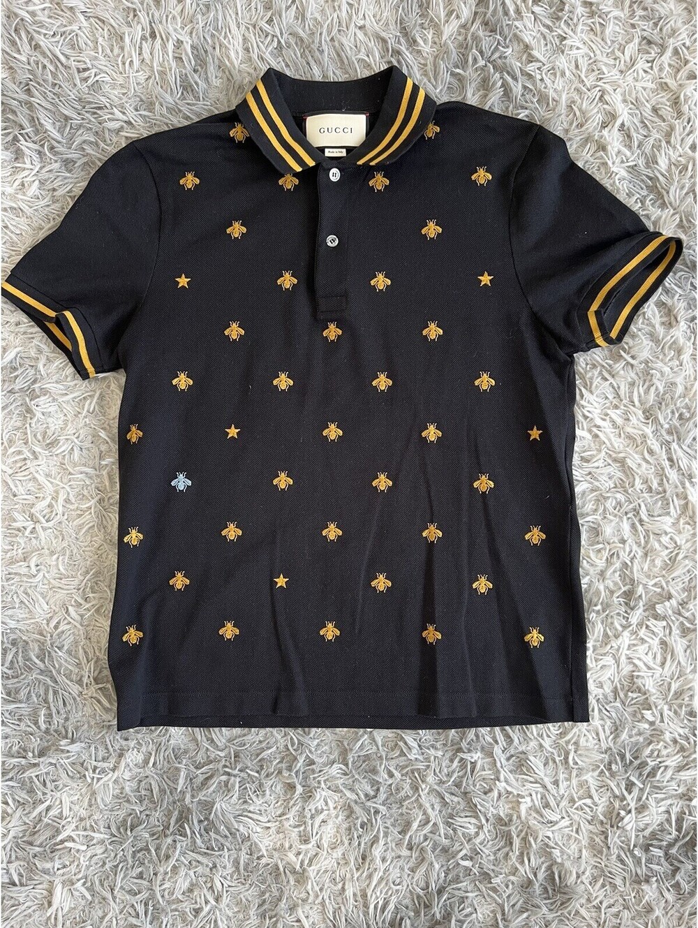 Gucci Black Polo Shirt with Yellow Bee Embroidery and Stripe